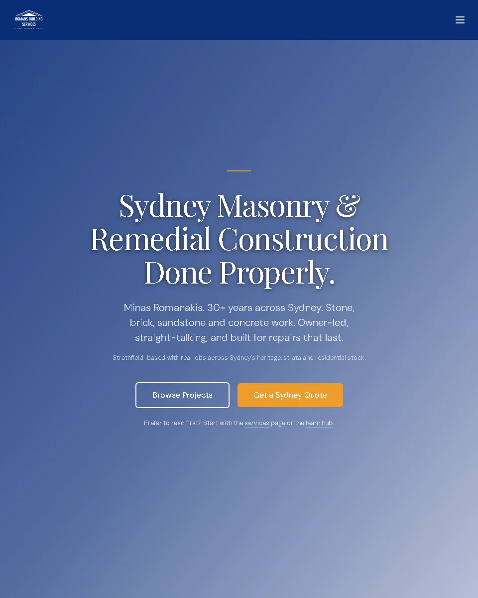 The current Romans Building Services website for Sydney masonry and remedial construction