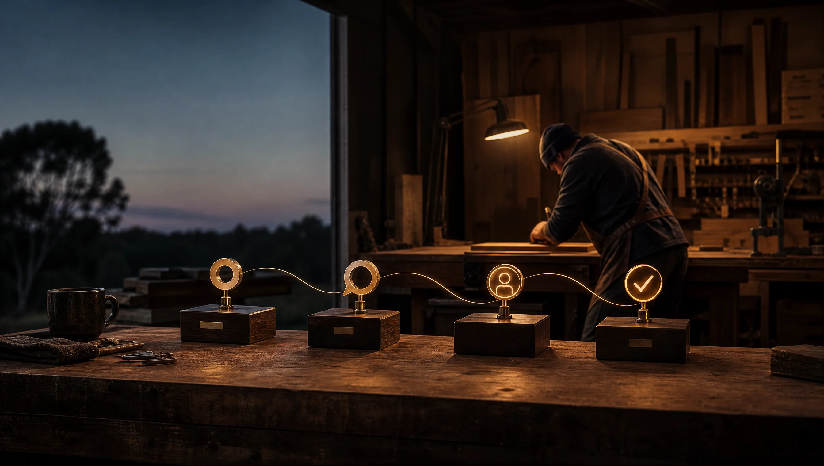 Connected brass stations representing a past customer moving from a dormant record to a new conversation.