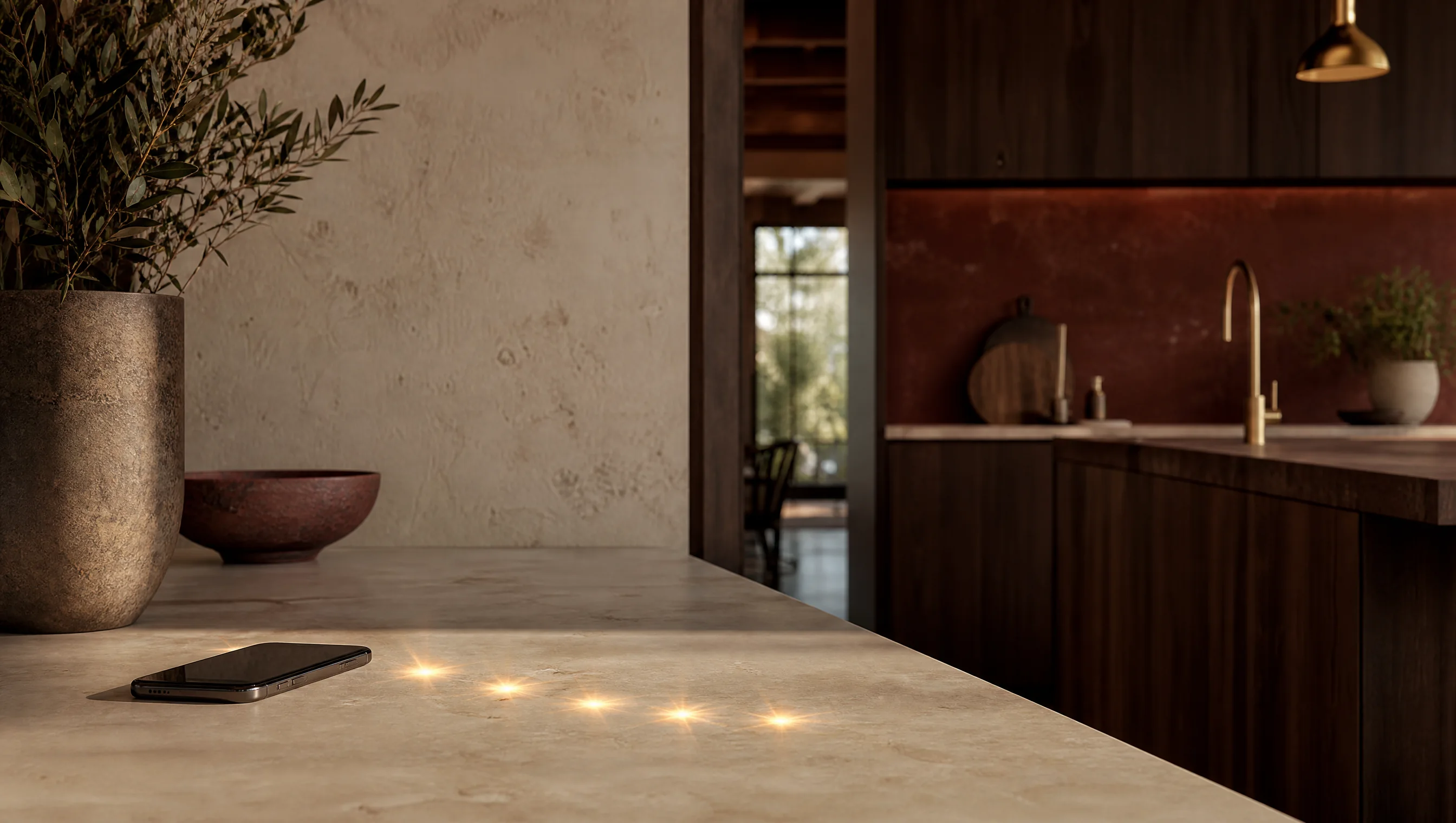 A finished interior, resting phone and five abstract light marks represent a well-timed review request.