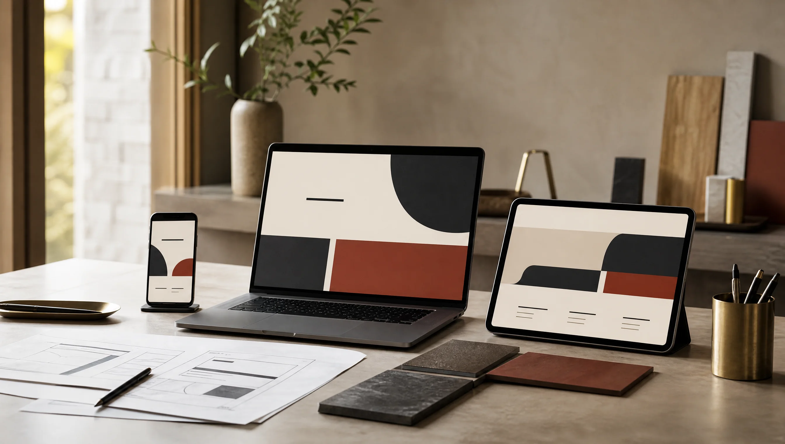 A laptop, tablet and phone display an abstract responsive service website across three device sizes.