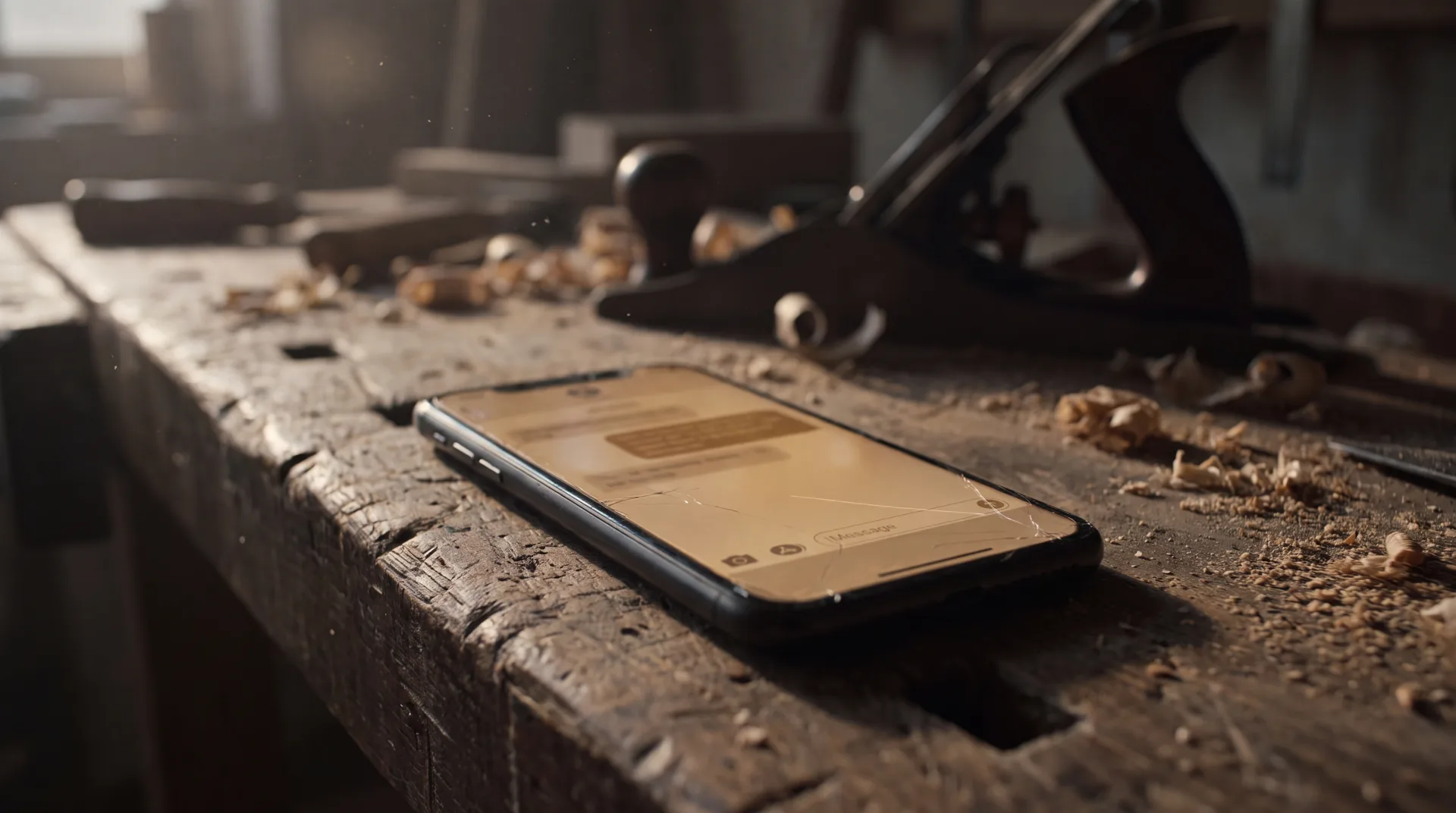 A cinematic phone on a workbench representing a missed-call text-back sequence for a trade business.
